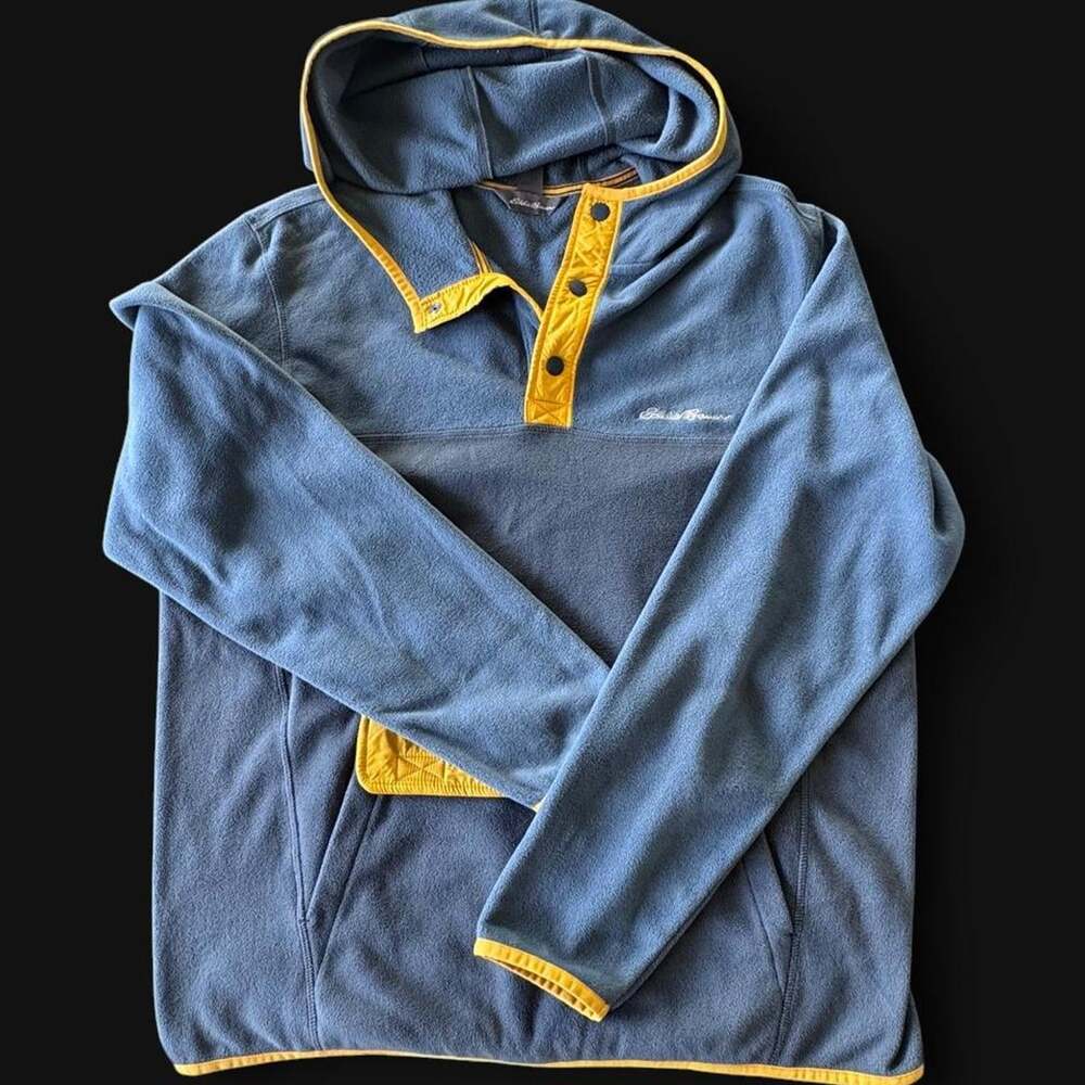 Eddie Bauer Men's Medium Blue Snap Neck Fleece Pullover Hoodie Yellow Trim